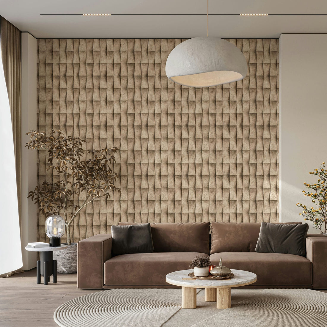 Marburg Novamur Mona 81648 wallpaper in warm brown-beige with a 3D geometric plaster effect.