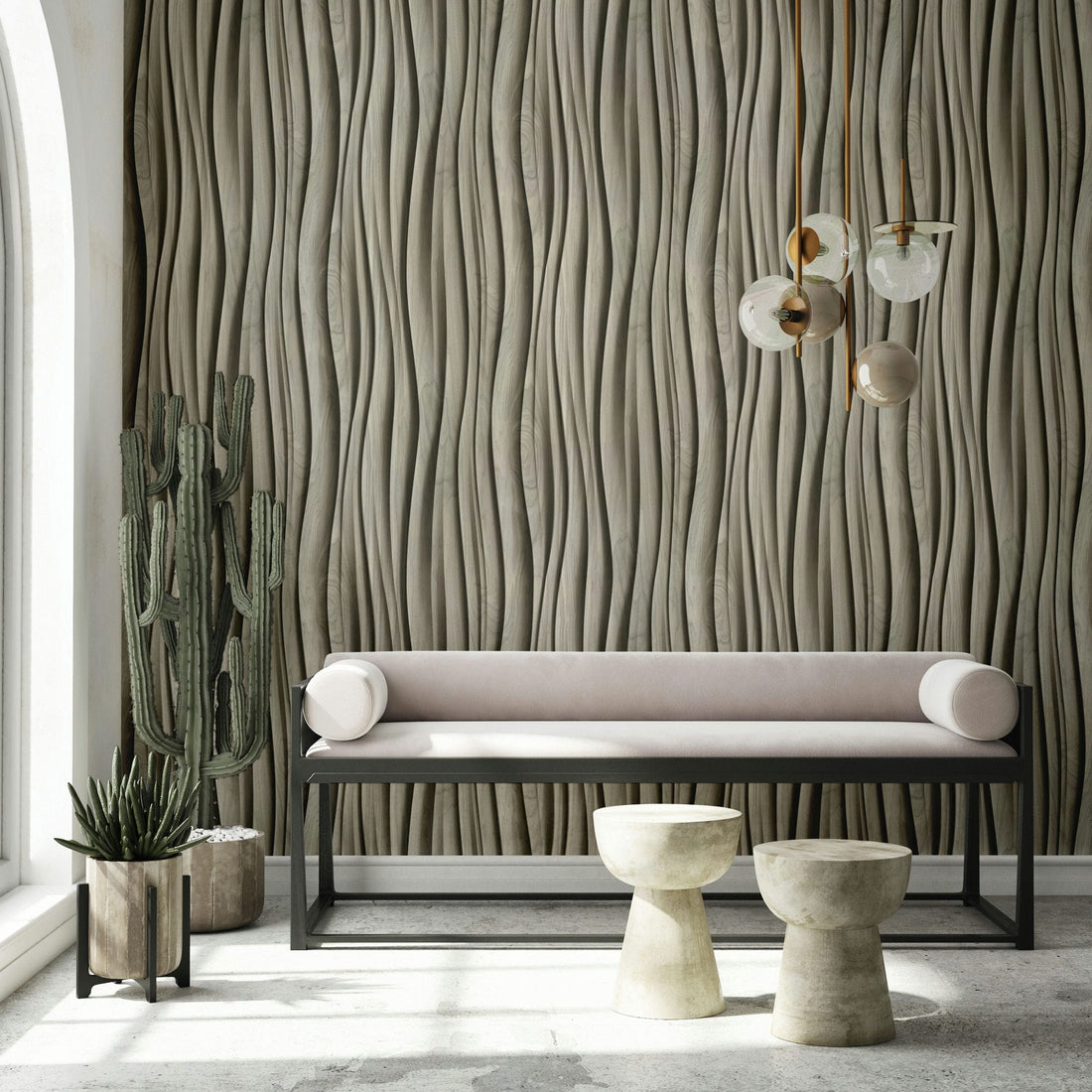 Marburg Novamur Mona 81665 grey sculpted wave 3D effect wallpaper with wood-grain detail