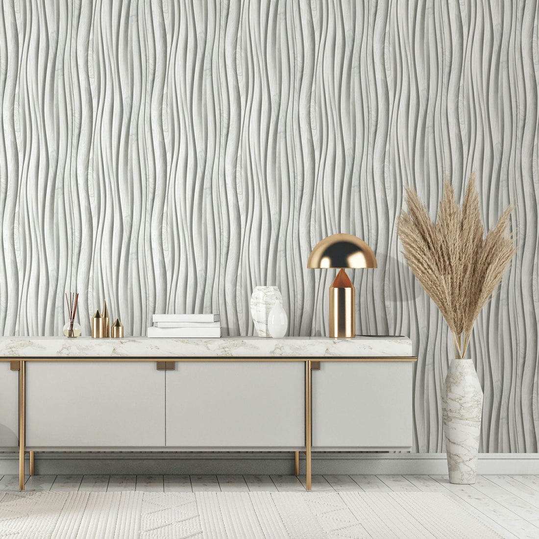 Marburg Novamur Mona 81669 wallpaper in light grey and white with soft 3D wave effect.