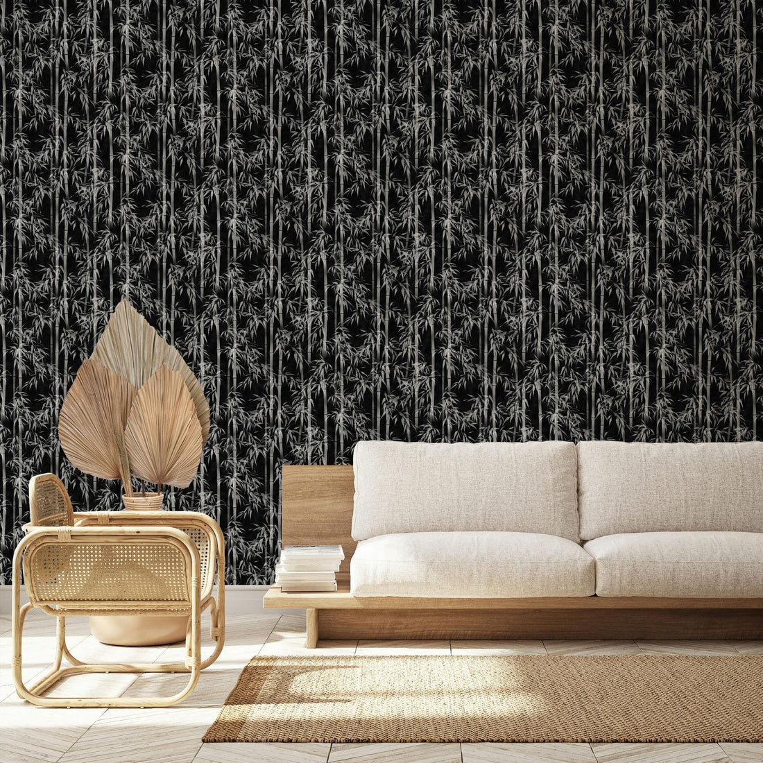 Marburg Novamur Mona 81672 bamboo wallpaper in black and white with charcoal grey bamboo stalks and leaves.
