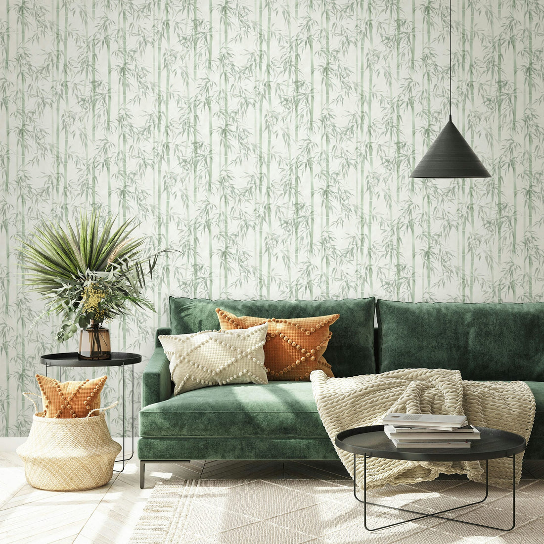 Marburg Novamur Mona 81674 wallpaper with soft green bamboo on a white background