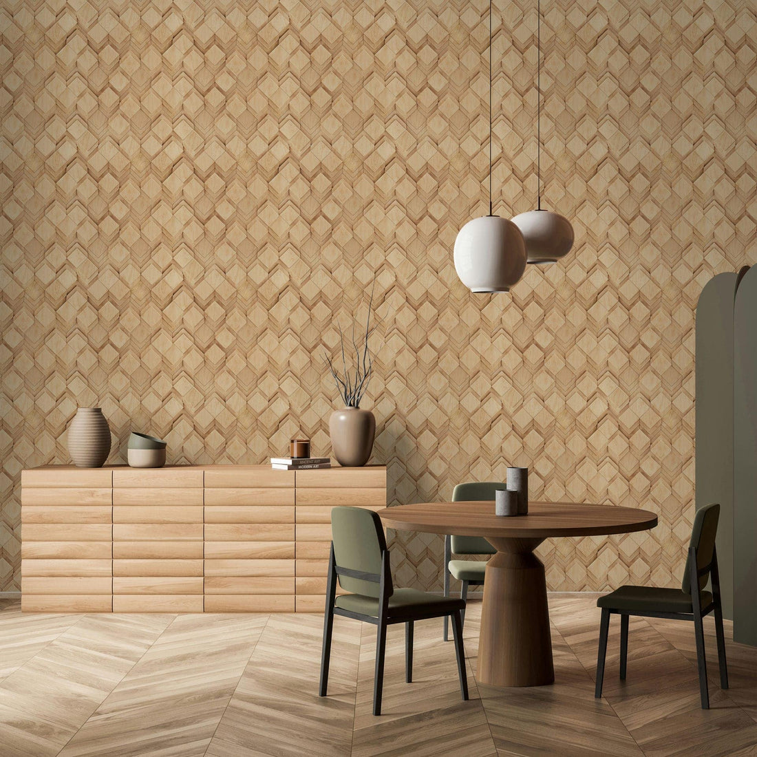 Marburg Novamur Mona 81676 beige and brown geometric wood-look wallpaper with subtle 3D diamond effect