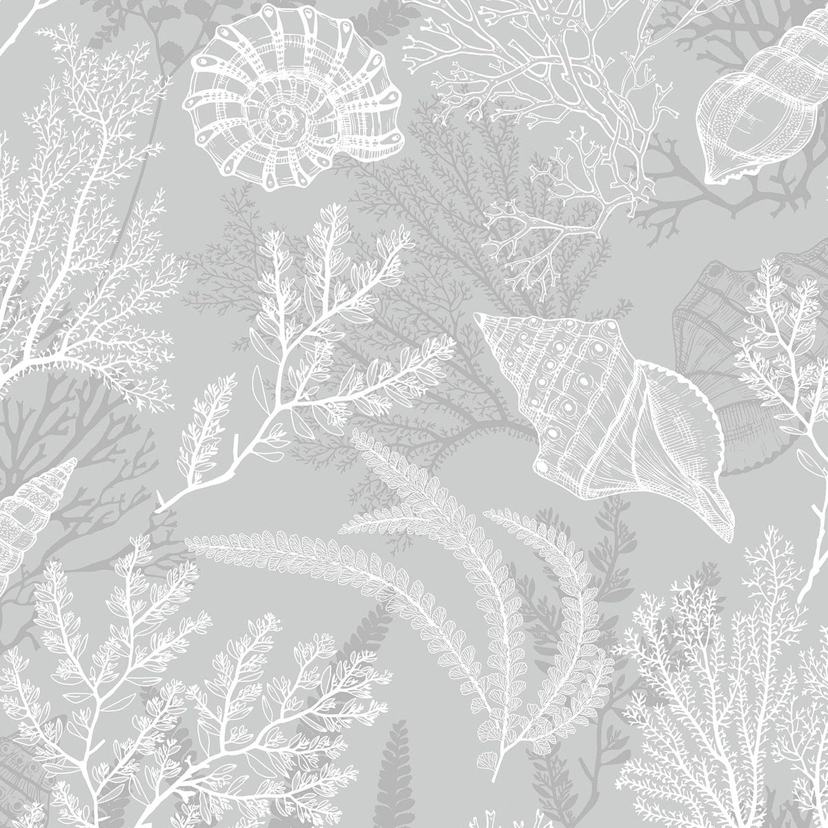 Marburg Novamur Mona 81687 grey and white coastal coral and shell wallpaper