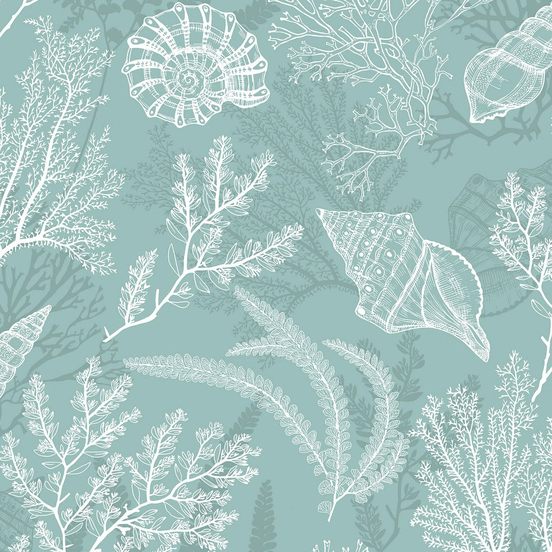 Marburg Novamur Mona 81688 sage green wallpaper with white coral, seaweed and shell illustrations