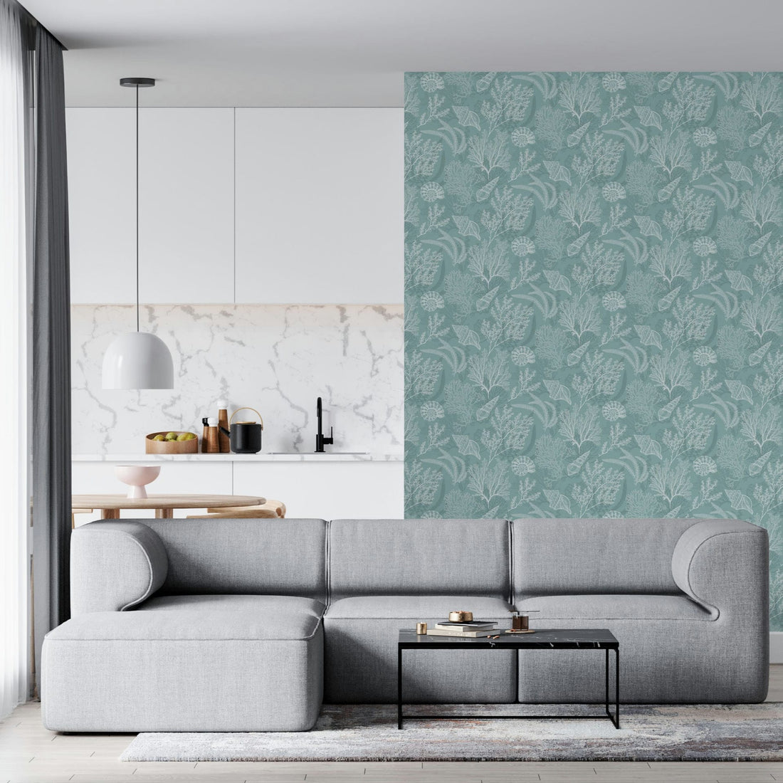 Marburg Novamur Mona 81688 sage green wallpaper with white coral, seaweed and shell illustrations