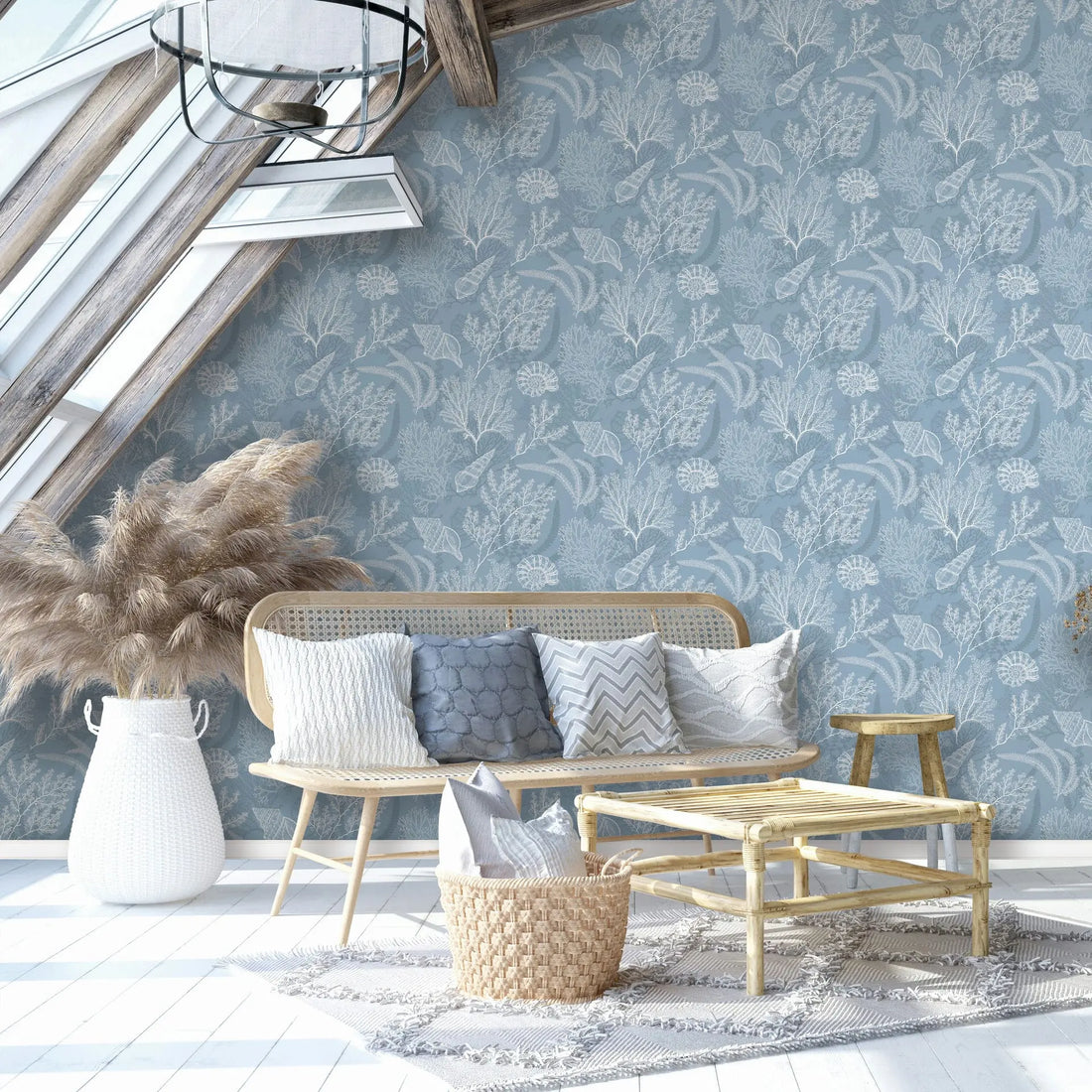 Dusty blue wallpaper with white coral branches and seashell line art by Marburg, pattern 81689.