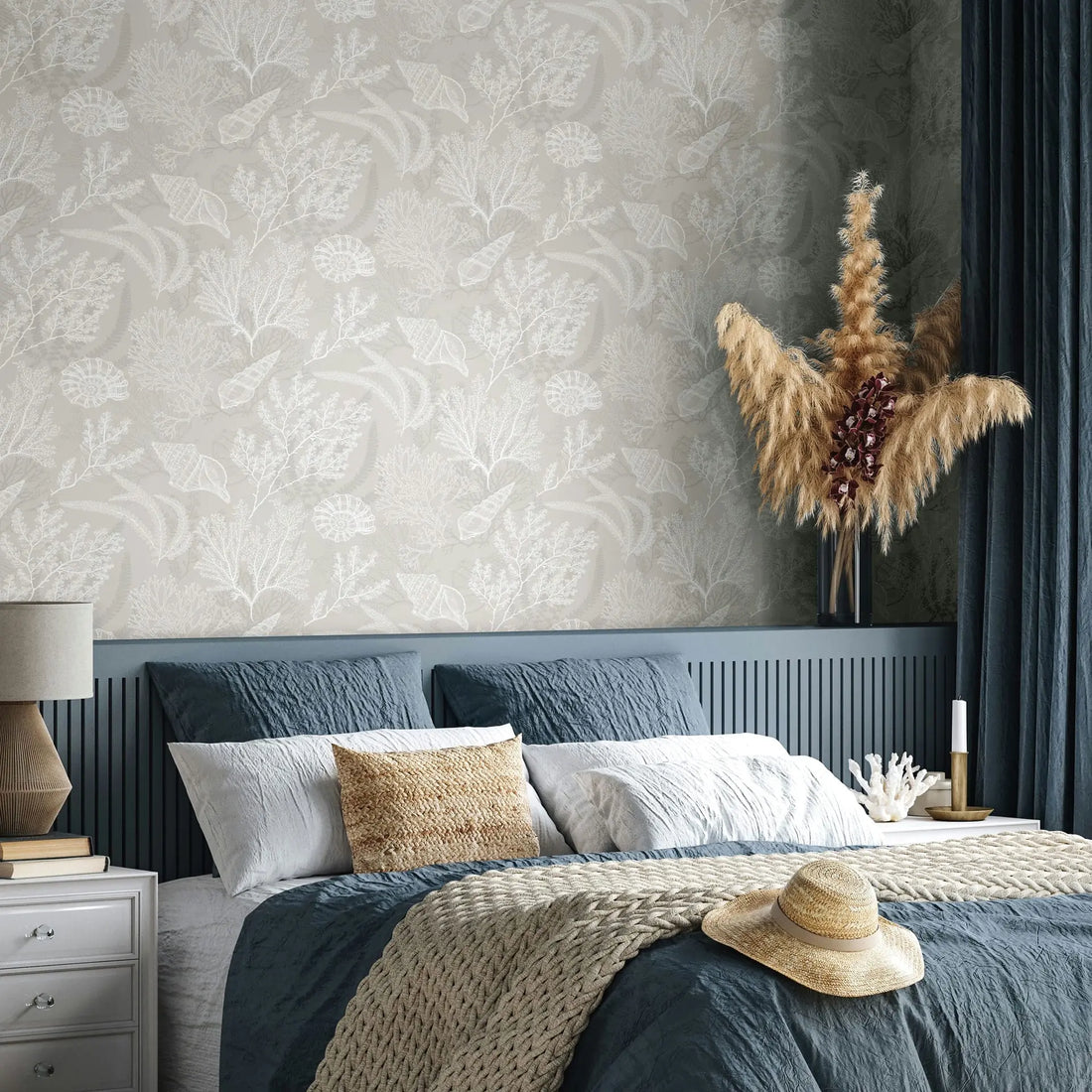 Marburg Novamur Mona 81690 wallpaper with white and grey coral and shells on a warm beige background.