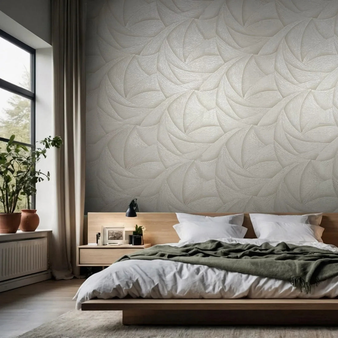 Marburg Ritus 35502 abstract wave wallpaper in soft white-beige with a subtle 3D plaster-like effect.