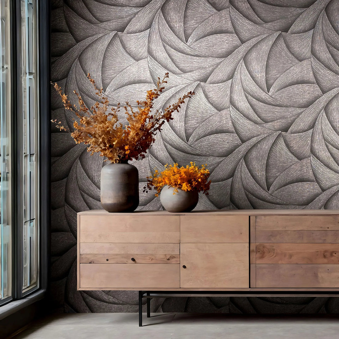 Marburg Ritus 35505 non-woven wallpaper with sculpted 3D wave pattern in neutral grey