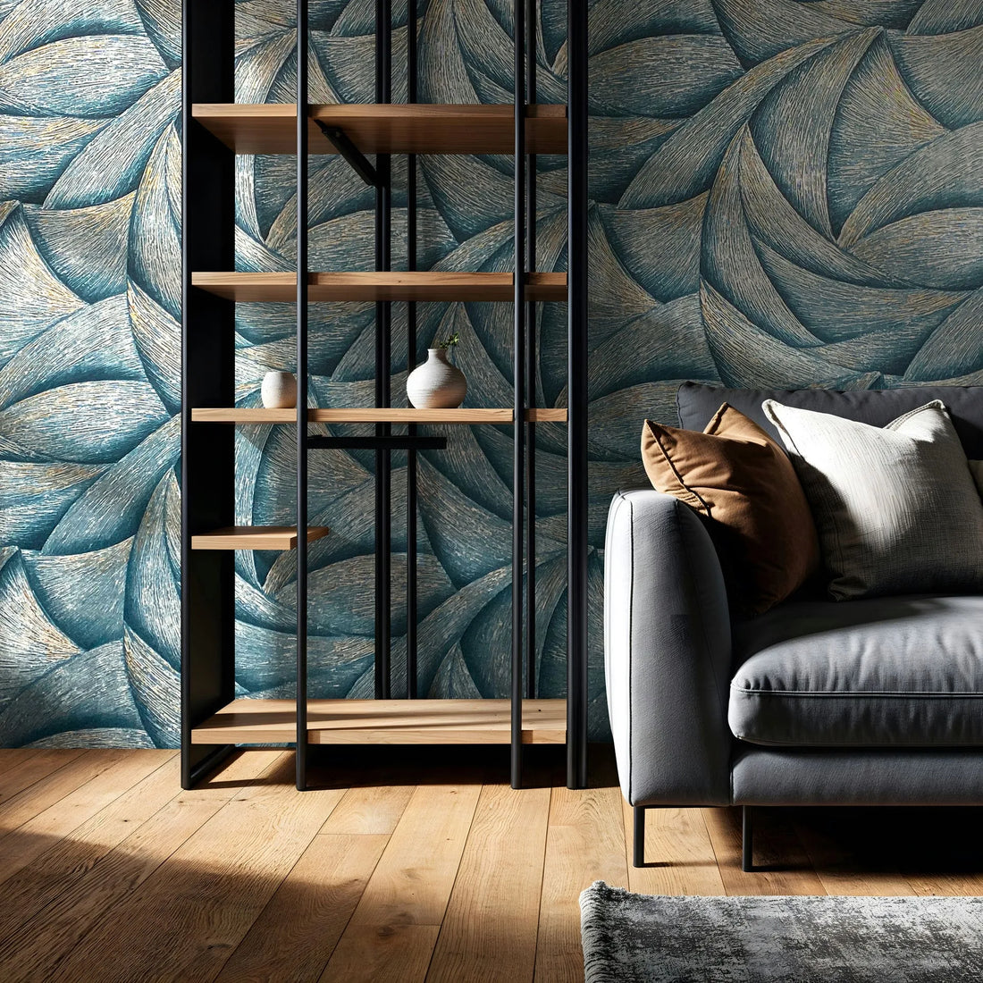 Marburg Ritus 35507 blue and silver abstract wave wallpaper with a 3D embossed effect.