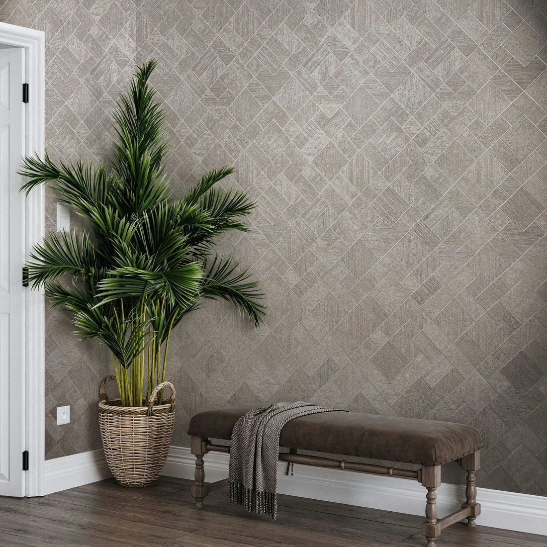 Marburg Ritus 35510 geometric diamond-check wallpaper in light greige with fine linear texture.