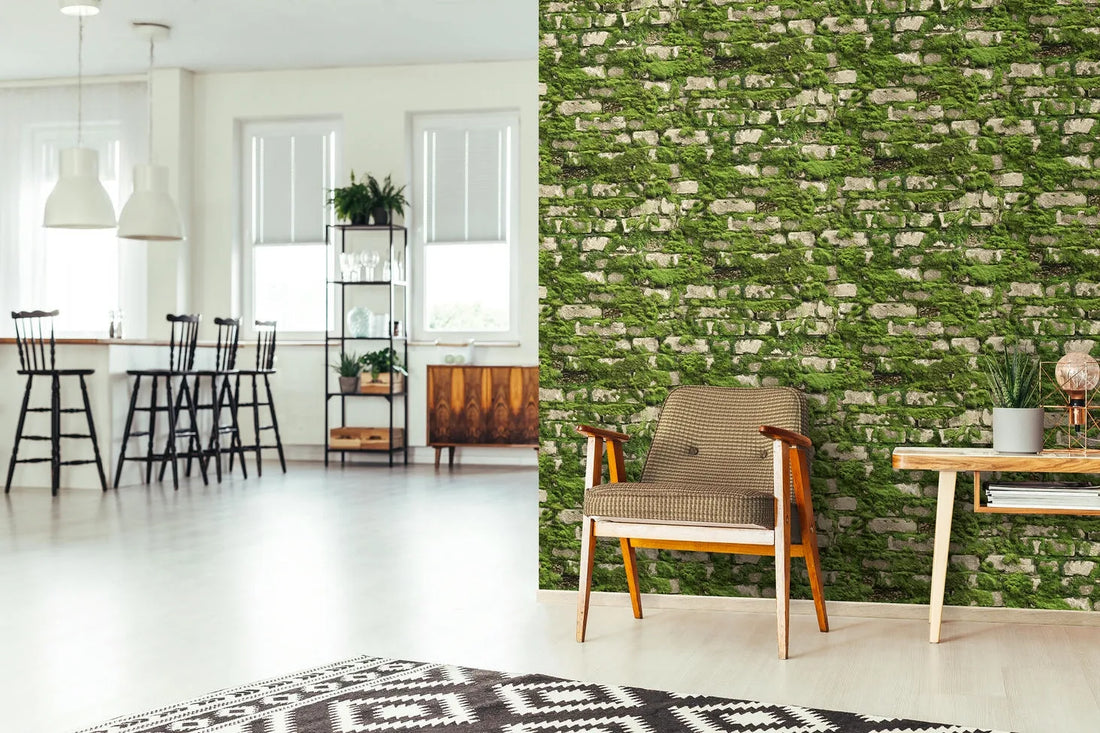 Marburg Struktura 45732 wallpaper with a moss-covered stone wall effect in deep forest green.