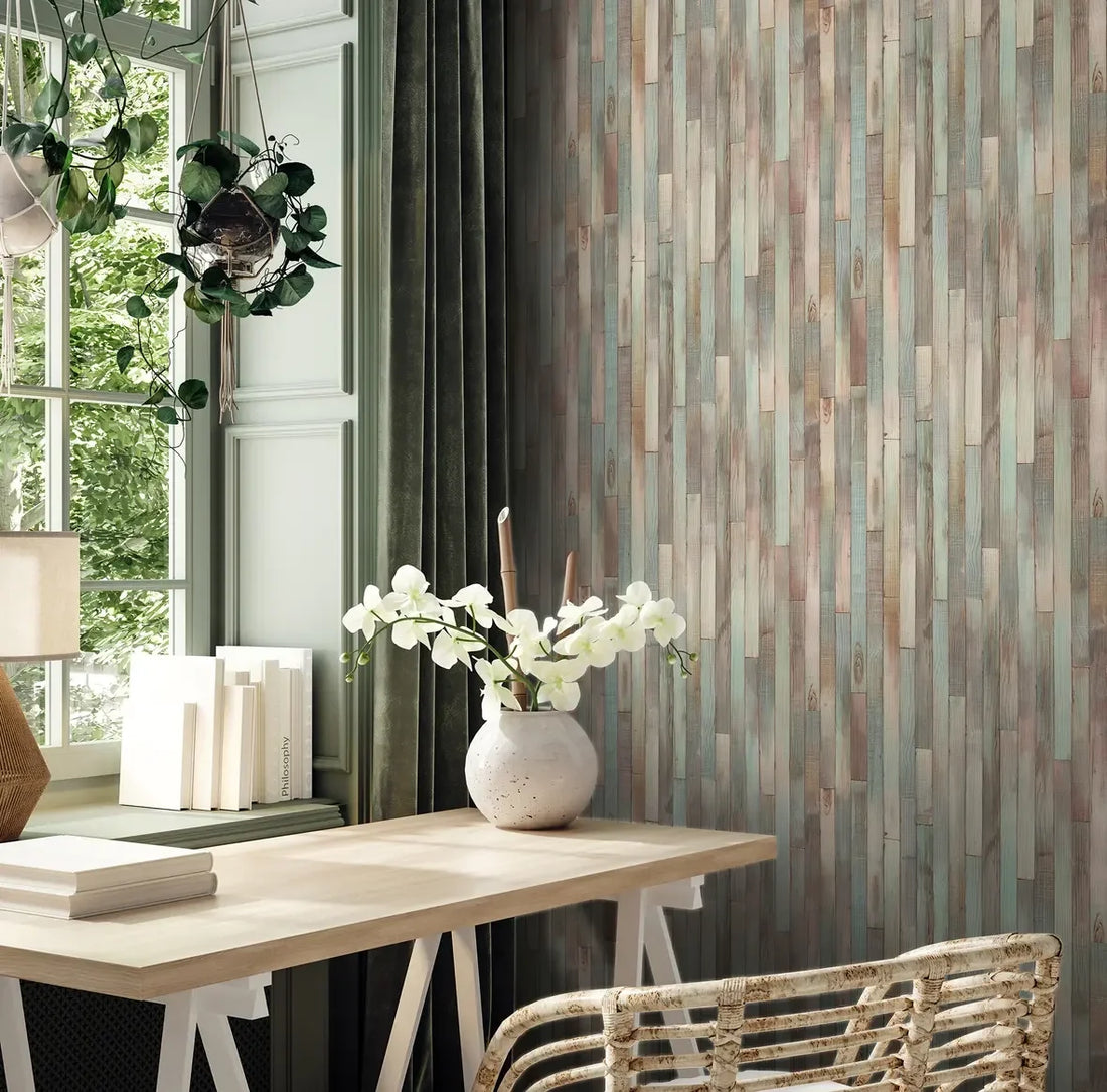 Marburg Struktura 45736 wood plank stripe wallpaper in warm taupe and beige with turquoise accents