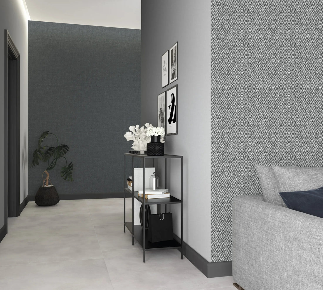 Marburg Struktura 45746 grey woven diamond geometric wallpaper with a textile look.