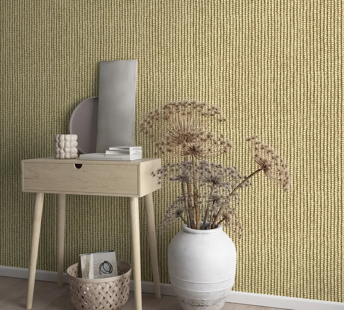 Marburg Struktura 45750 wallpaper in warm soft gold with a braided sisal woven look and vertical texture.