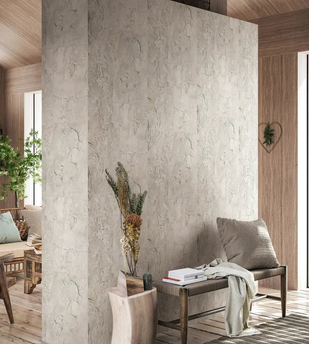 Marburg Struktura 45767 soft white stone tile-look wallpaper with subtle veining and grout lines.