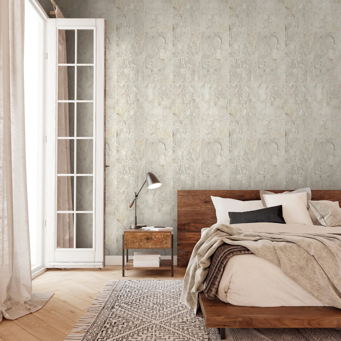 Marburg Struktura 45768 light stone tile-look wallpaper in soft white-beige with rectangular grid and subtle veining.