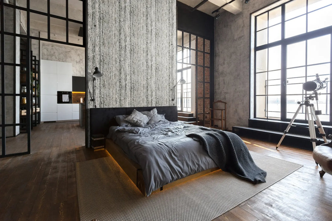 Marburg Travertino 33354 wallpaper with neutral grey travertine stone-effect texture and vertical striations.
