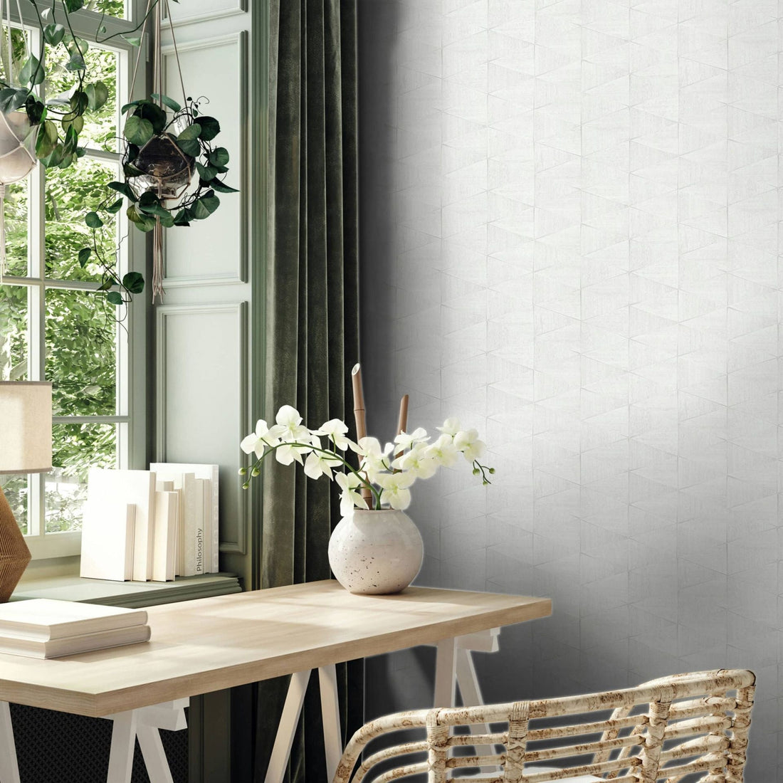 Marburg Travertino 33356 white geometric diamond wallpaper with subtle stone-look texture