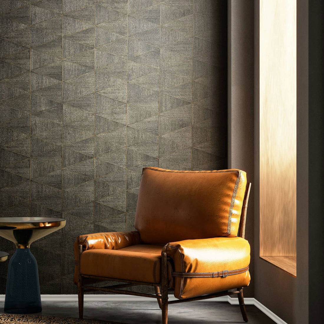 Marburg Travertino 33360 warm brown geometric stone-look wallpaper with fine ochre lines
