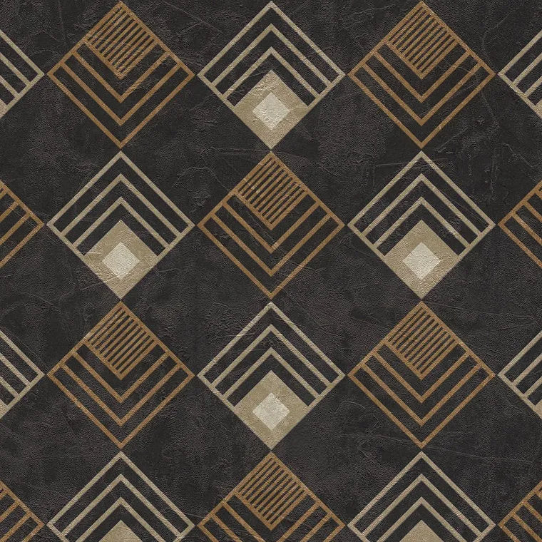Closeup of a wallpaper showing its Black, Contemporary, Geometric, Gold, Two-tone pattern, color, and texture.