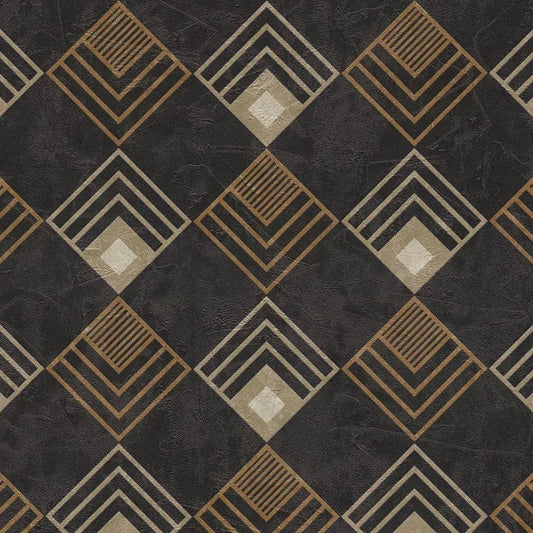 Closeup of a wallpaper showing its Black, Contemporary, Geometric, Gold, Two-tone pattern, color, and texture.