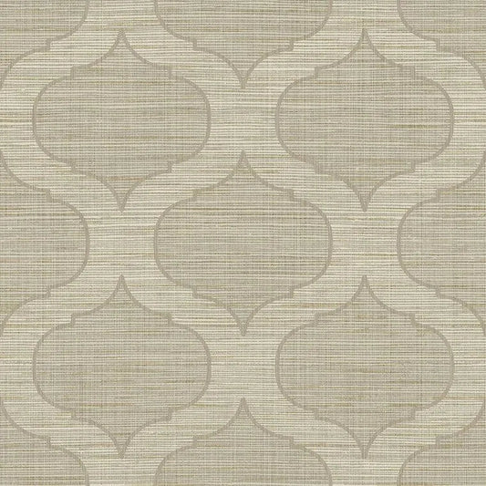 Closeup of a wallpaper showing its Neutrals, Textile, Trellis pattern, color, and subtle texture.