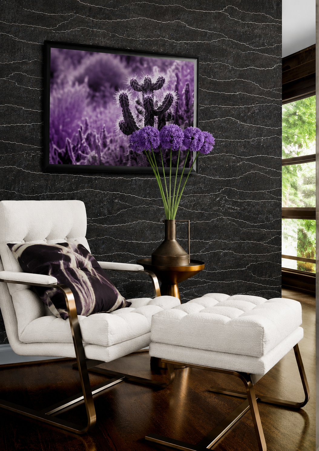 Thibaut Cloud Mosaic T24406 black and silver cork wallpaper with organic cloud bands over metallic foil.