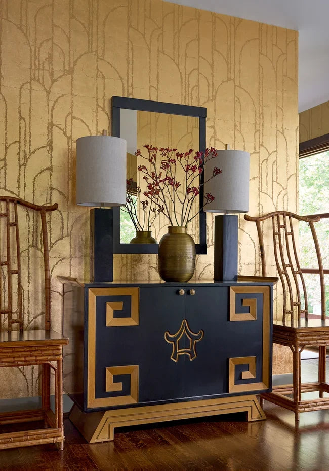 Thibaut Deco Moon Gold T24414 wallpaper with Art Deco arches in brushed gold metal leaf.