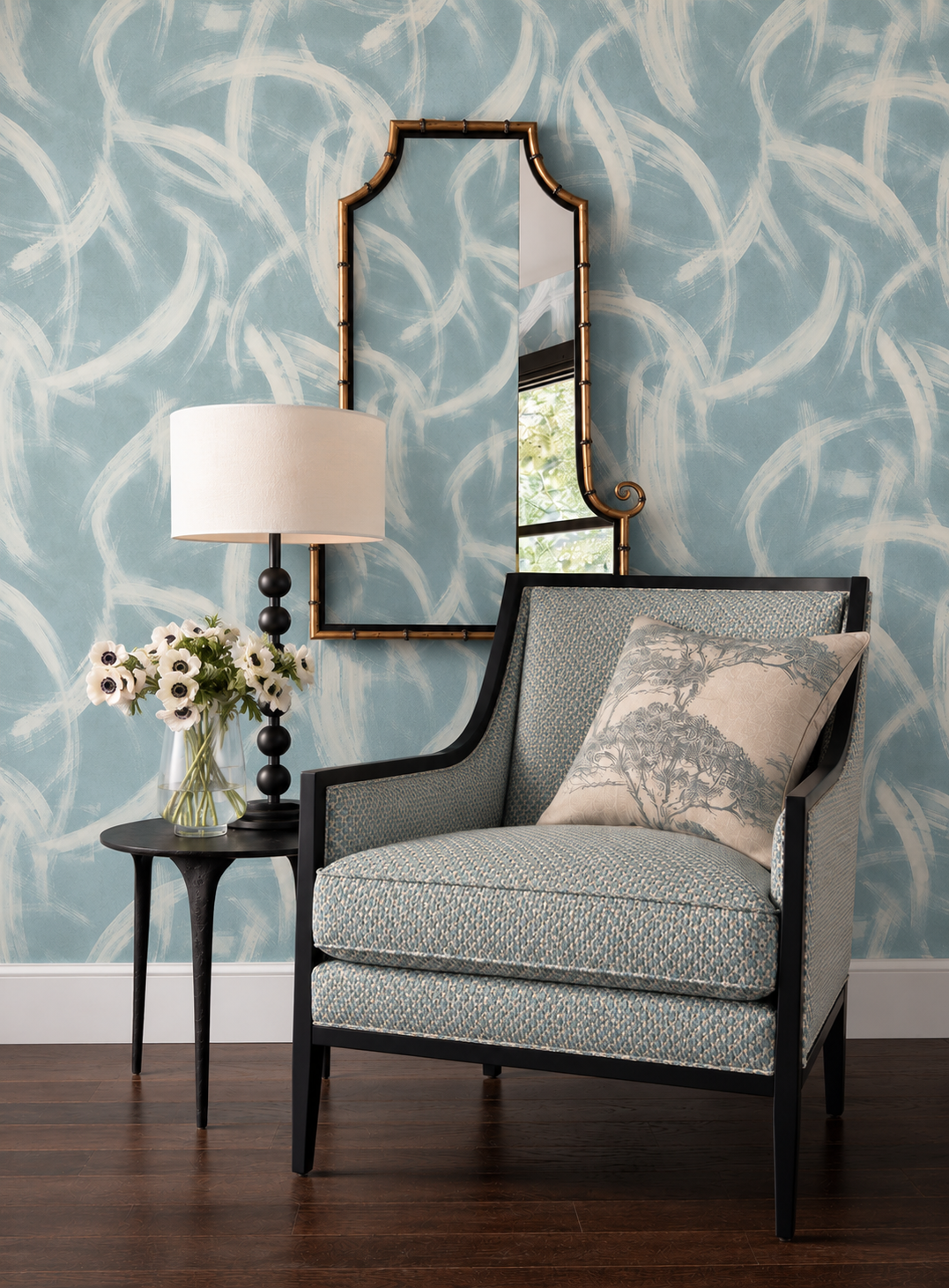 Thibaut Magnus Mineral T24448 wallpaper with large white brushstrokes on a soft blue ground.
