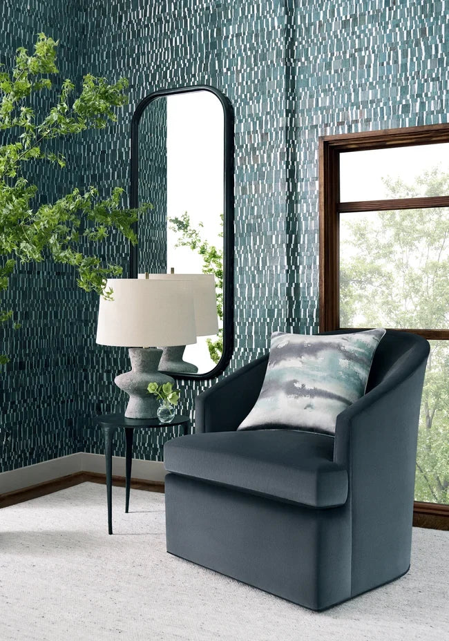 Thibaut Namonaki Mineral wallpaper featuring a mosaic of water hyacinth pieces on metallic foil in deep blue and silver tones.