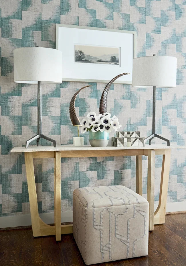 Thibaut Raffia Squares Graphite T24430 wallpaper with patchwork raffia squares in graphite grey and cream.