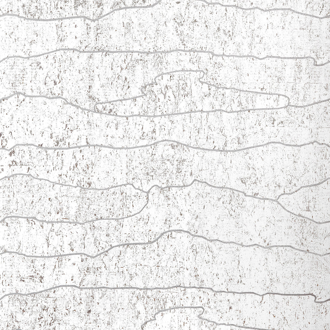 Thibaut Cloud Mosaic White Silver cork wallpaper T24405 with abstract cloud-like shapes over a metallic silver ground.