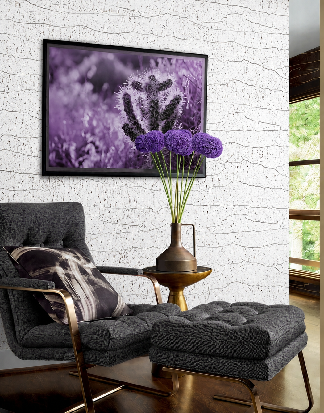 Thibaut Cloud Mosaic White Silver cork wallpaper T24405 with abstract cloud-like shapes over a metallic silver ground.