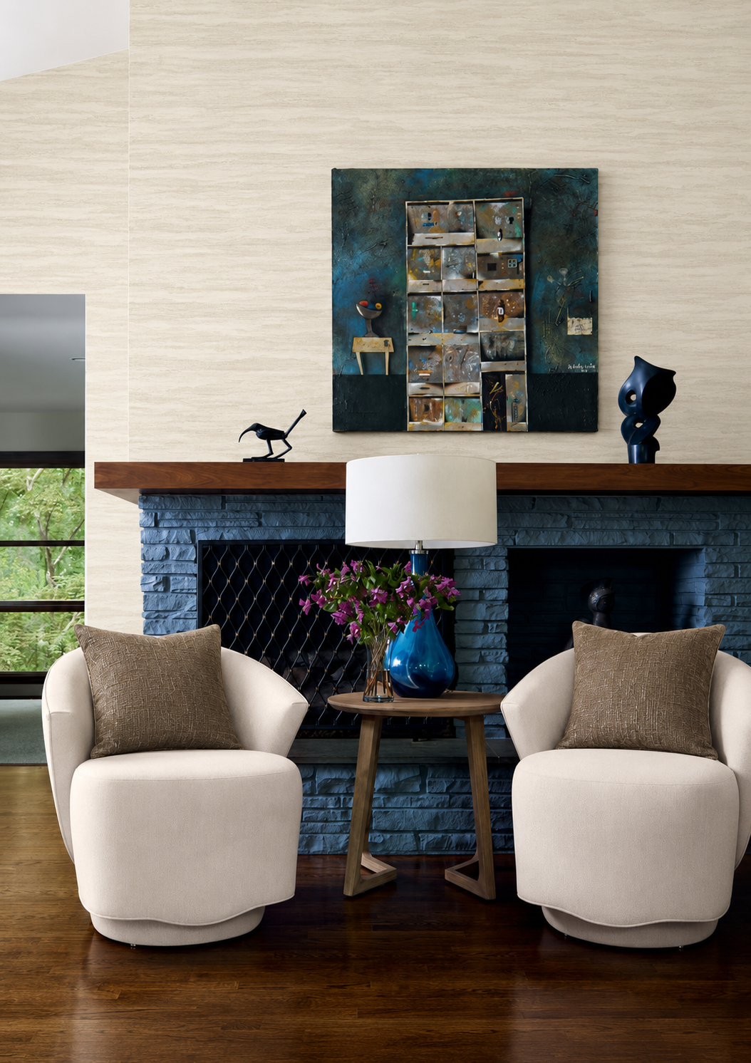 Thibaut Overlook T24408 beige abstract grasscloth wallpaper with soft horizontal movement.