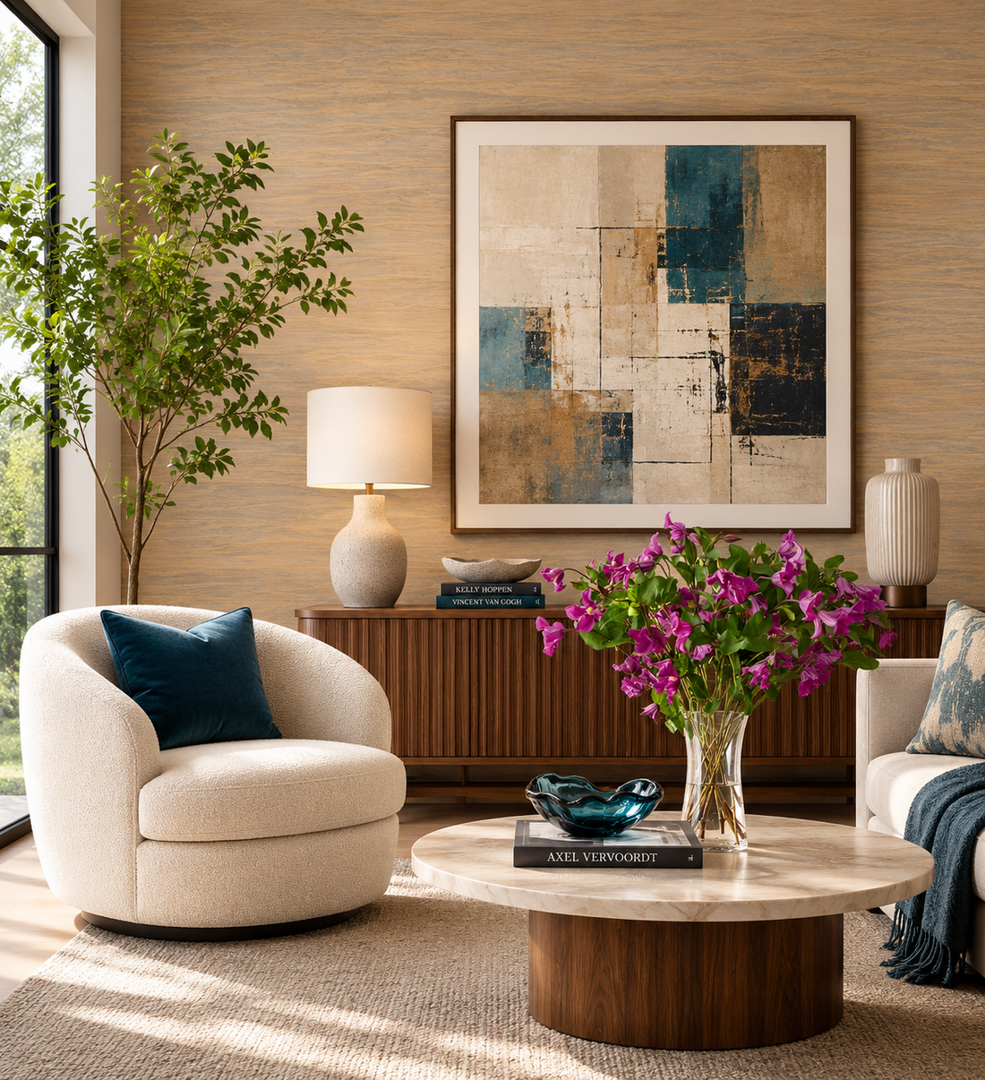 Thibaut Overlook Gold T24410 abstract gold abaca grasscloth wallpaper with layered horizon effect.
