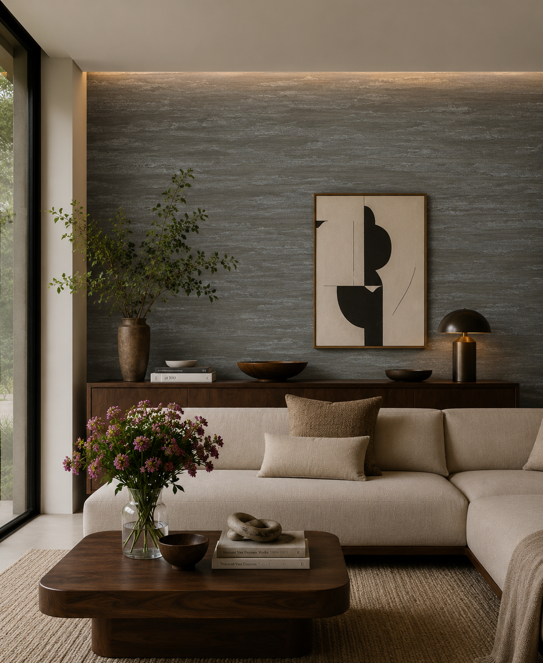 Thibaut Overlook Spruce T24412 grasscloth wallpaper with abstract hazy horizontal bands in deep spruce green.