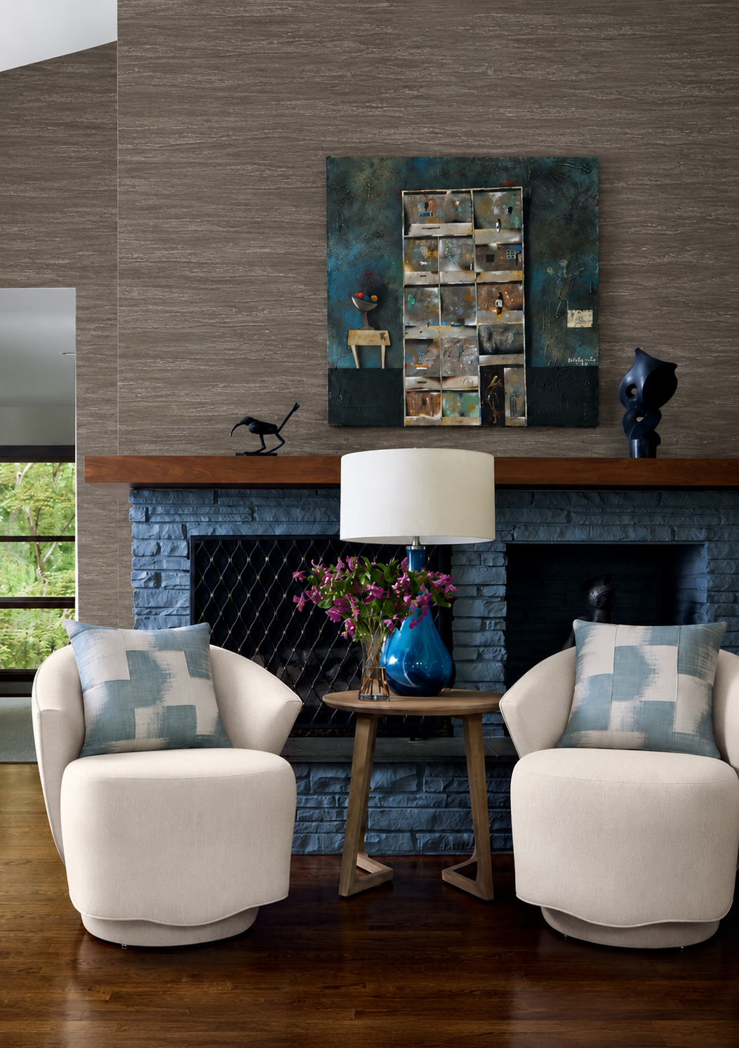 Thibaut Overlook Bark T24413 abaca grasscloth wallpaper with abstract horizontal striations in deep brown and grey.