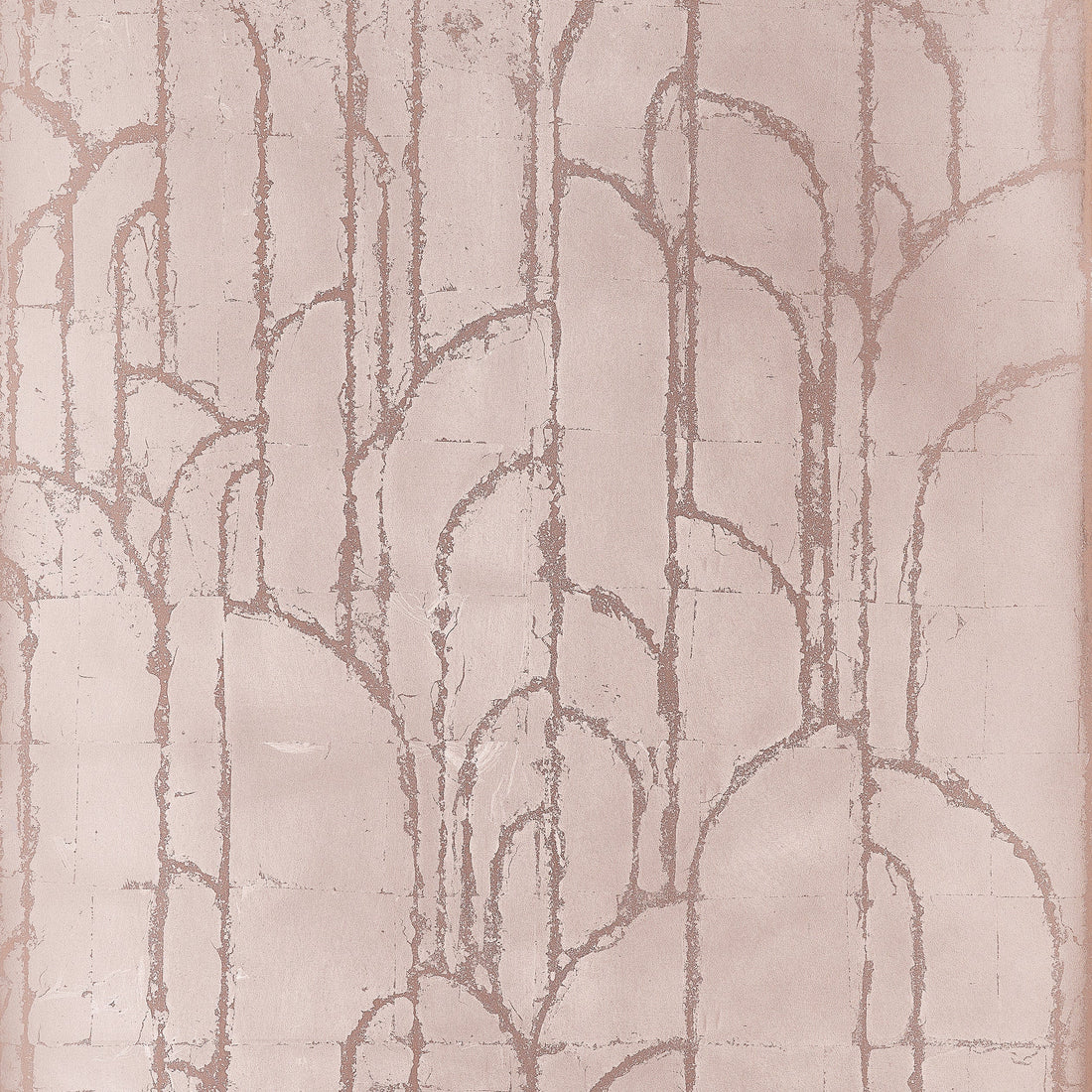 Thibaut Deco Moon wallpaper in Rose Gold featuring sweeping Art Deco arches on hand-laid metal leaf.