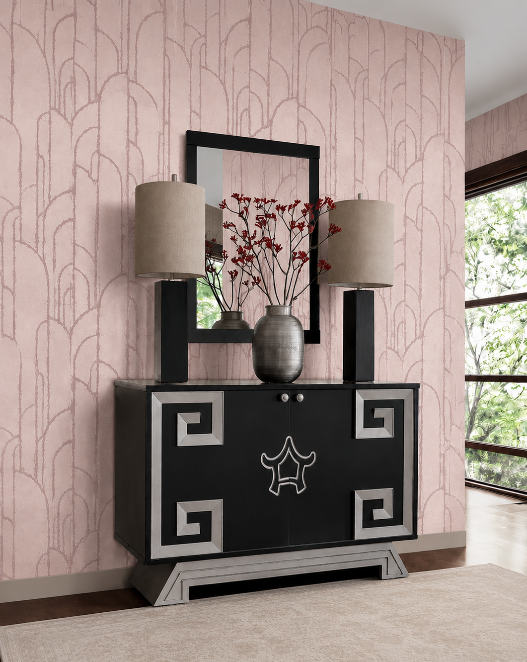 Thibaut Deco Moon wallpaper in Rose Gold featuring sweeping Art Deco arches on hand-laid metal leaf.