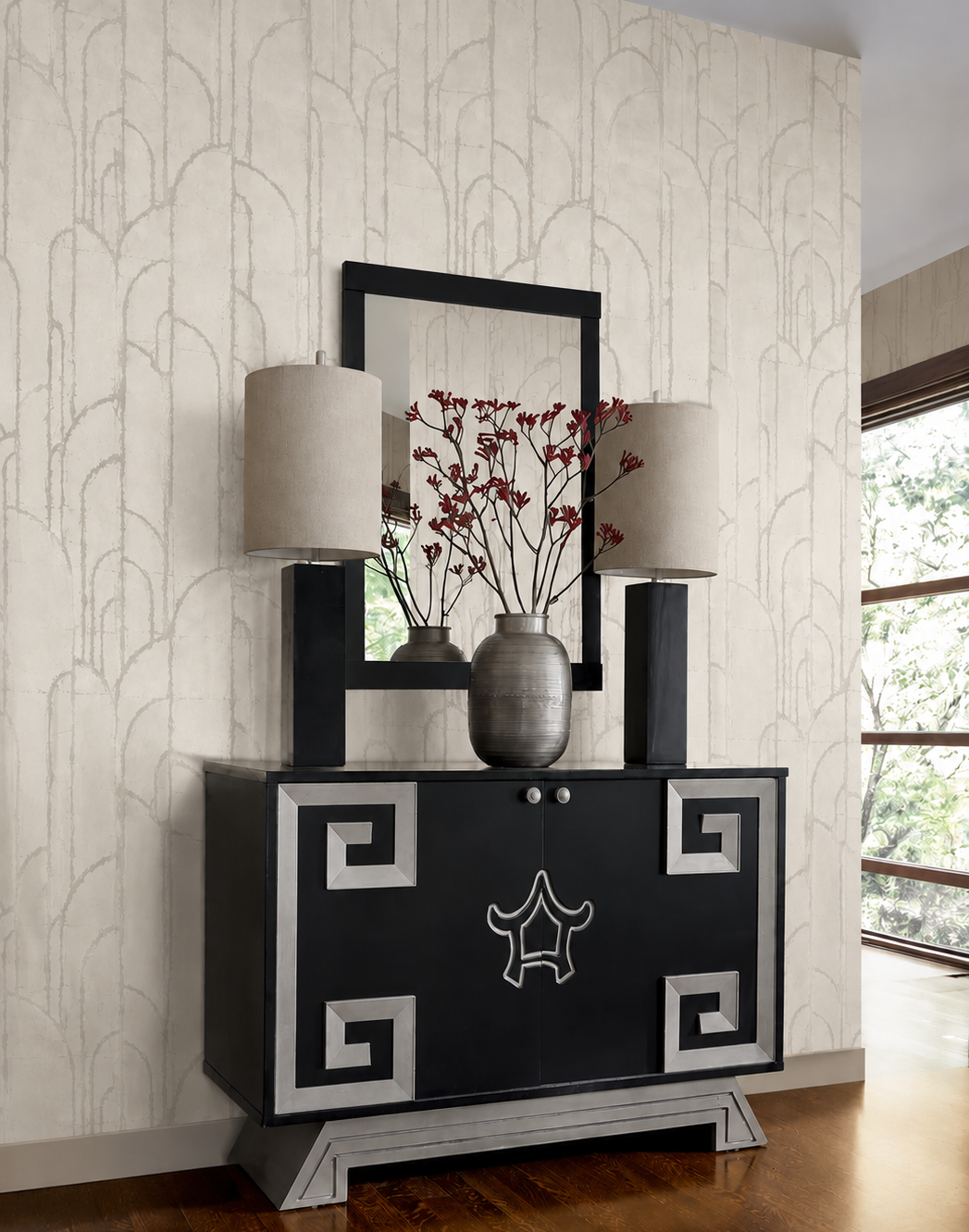 Thibaut Deco Moon Gilver T24416 wallpaper with metallic Art Deco arches in silver on a soft light ground.