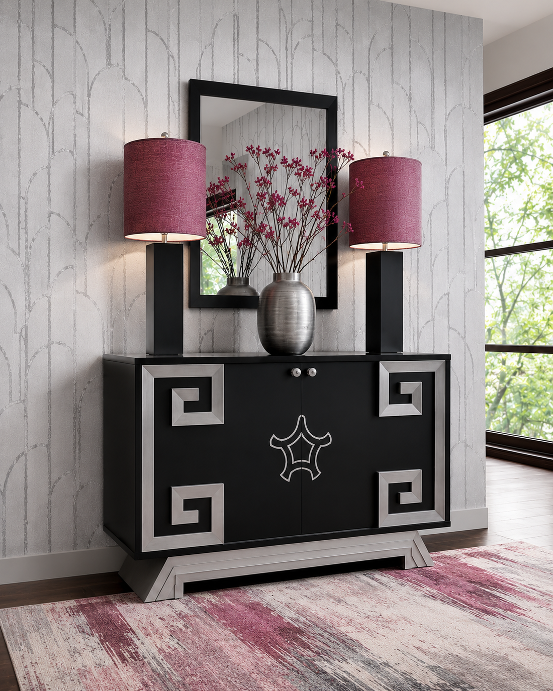 Thibaut Deco Moon Silver T24417 wallpaper showing sweeping Art Deco arches in luminous silver metal leaf.