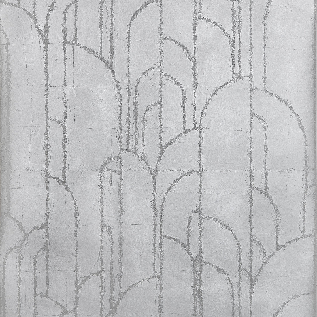 Thibaut Deco Moon Silver T24417 wallpaper showing sweeping Art Deco arches in luminous silver metal leaf.