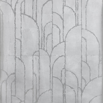 Thibaut Deco Moon Silver T24417 wallpaper showing sweeping Art Deco arches in luminous silver metal leaf.