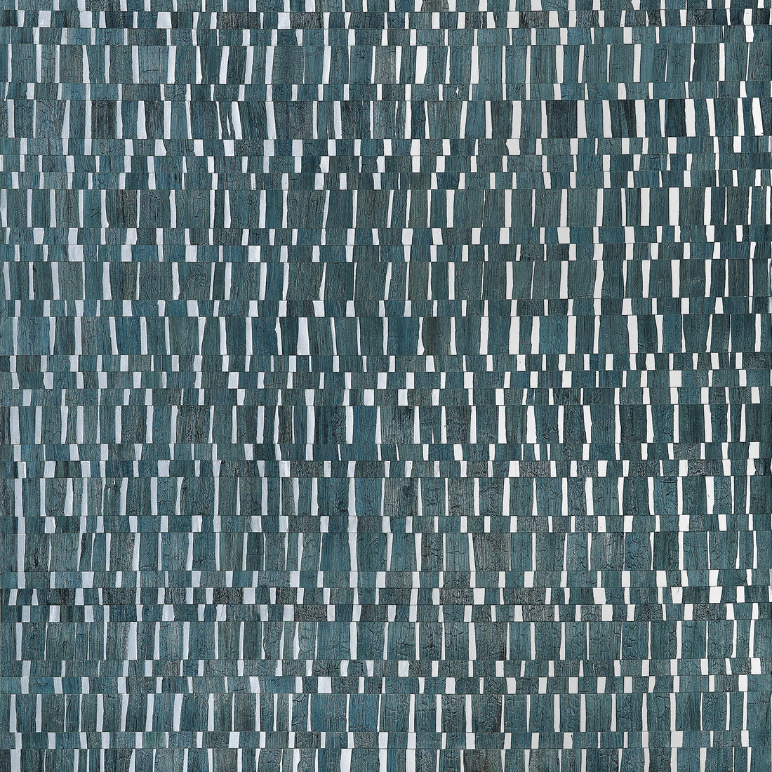 Thibaut Namonaki Mineral wallpaper featuring a mosaic of water hyacinth pieces on metallic foil in deep blue and silver tones.