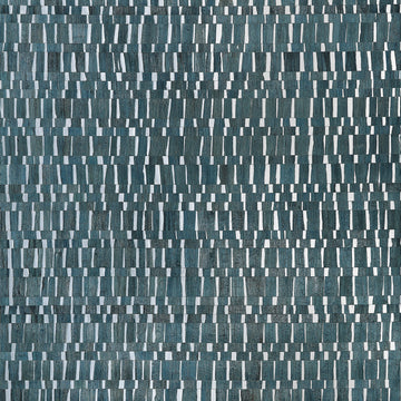 Thibaut Namonaki Mineral wallpaper featuring a mosaic of water hyacinth pieces on metallic foil in deep blue and silver tones.