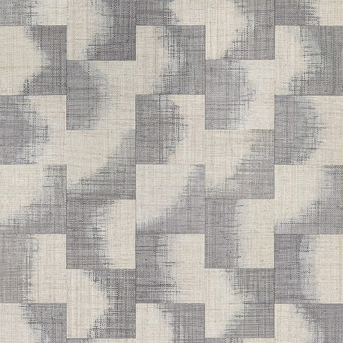 Thibaut Raffia Squares Graphite T24430 wallpaper with patchwork raffia squares in graphite grey and cream.
