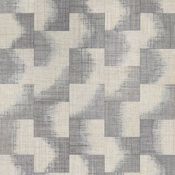 Thibaut Raffia Squares Graphite T24430 wallpaper with patchwork raffia squares in graphite grey and cream.