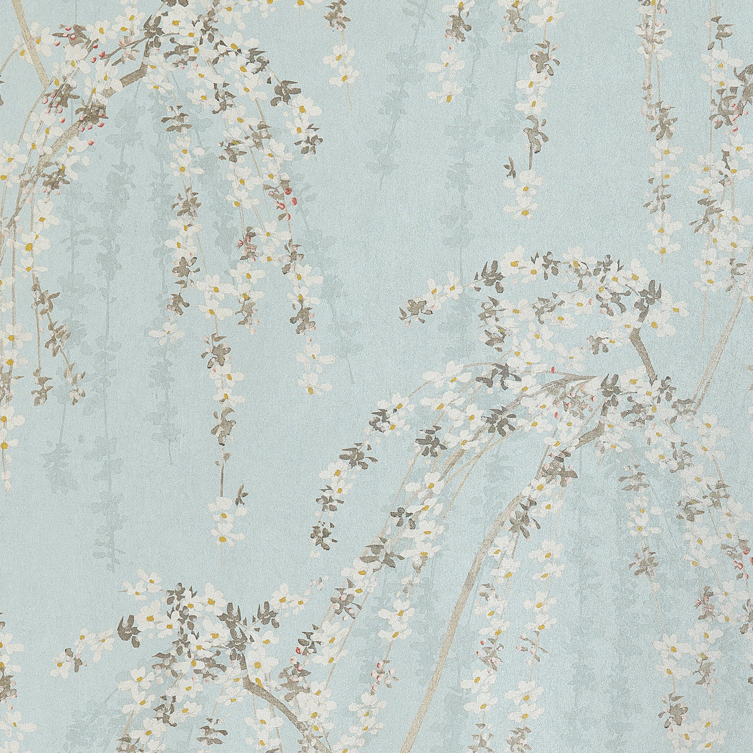 Thibaut Weeping Blossom wallpaper in Blue with cascading cherry blossom branches on a soft blue background, pattern T24456.