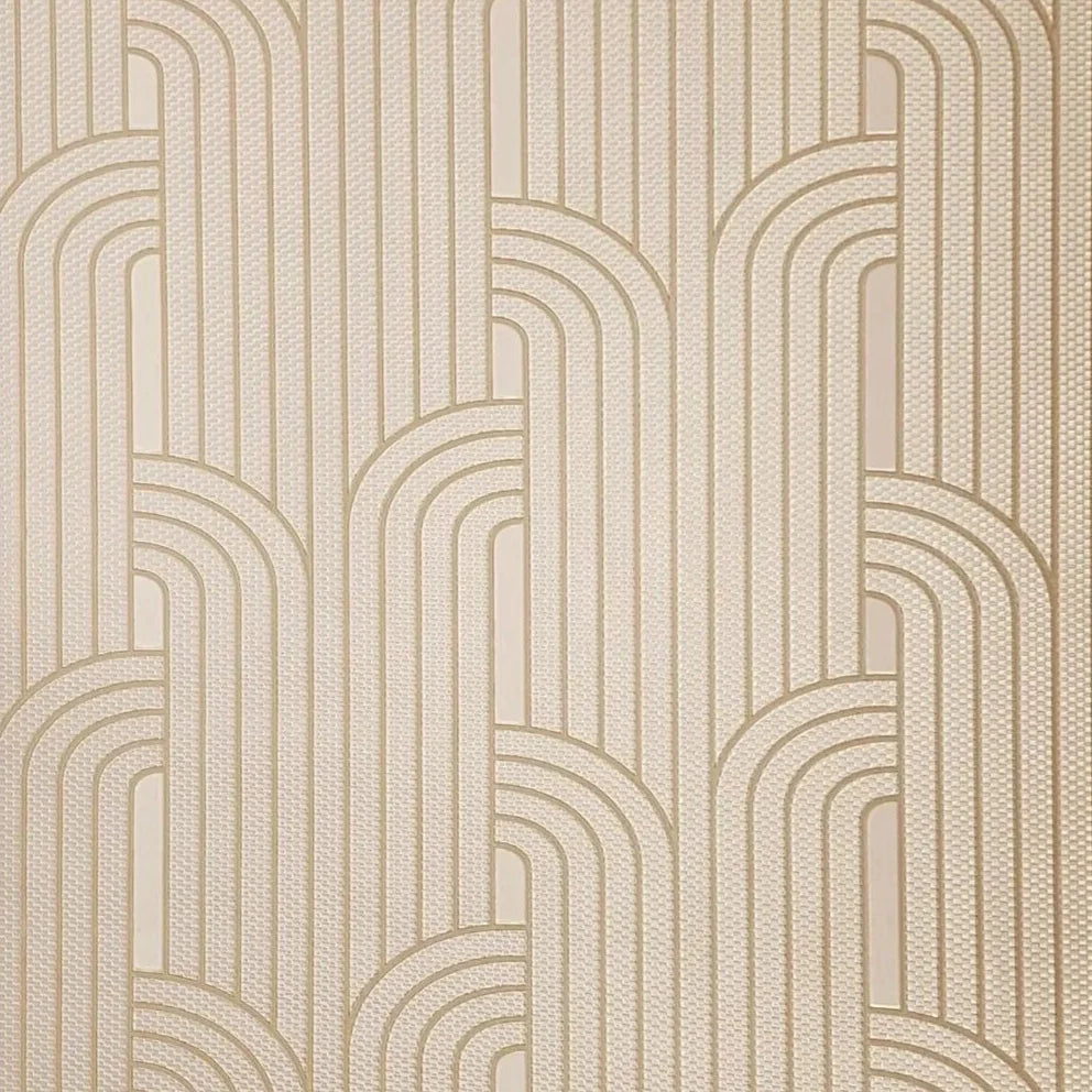 Textured beige patterned wallpaper with wavy lines on a white background